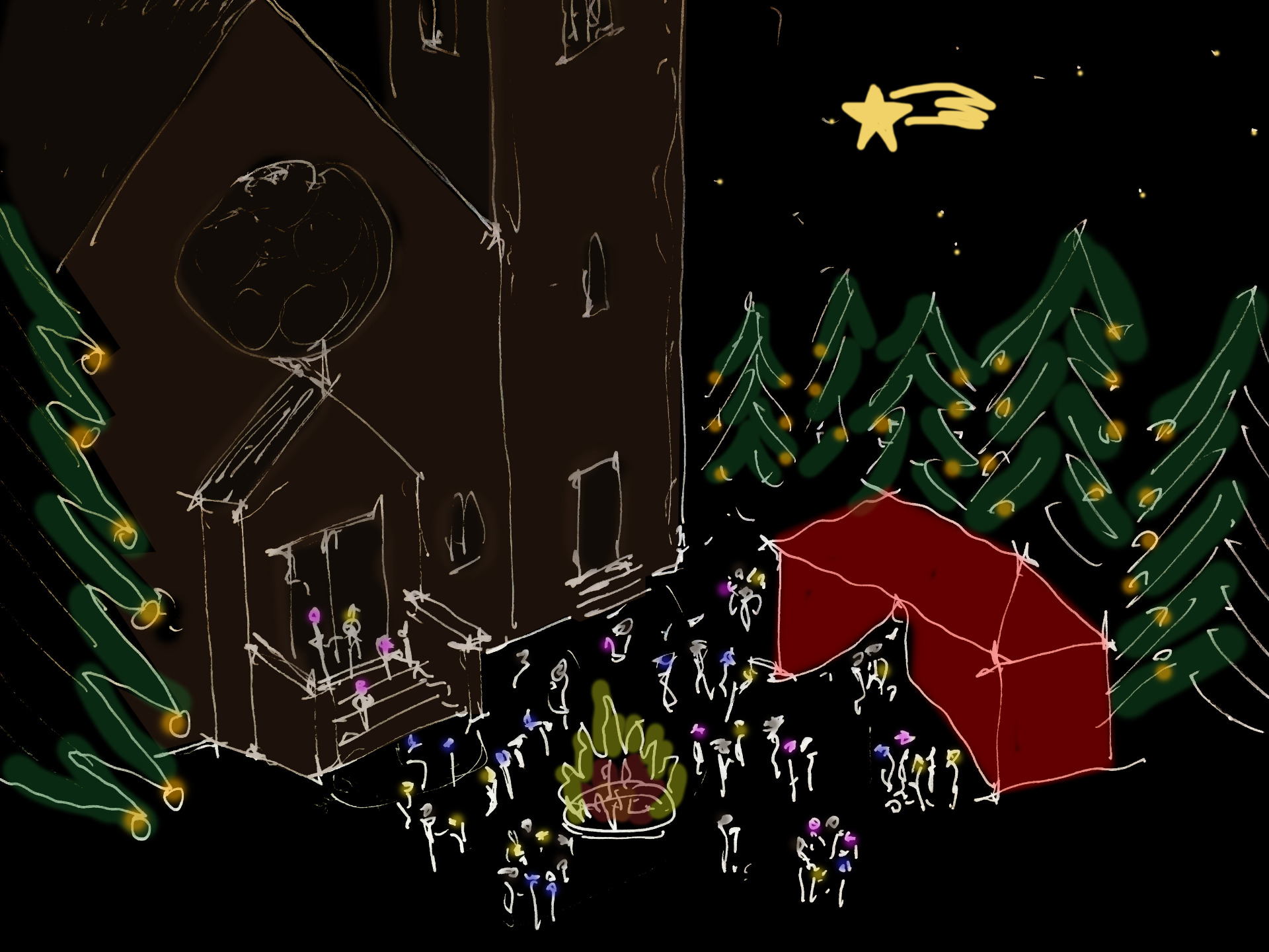 Skizze mit der Bartholomäuskirche, Weihnachstbäumen, einem roten Zelt, ein Lagerfeuer und Menschen